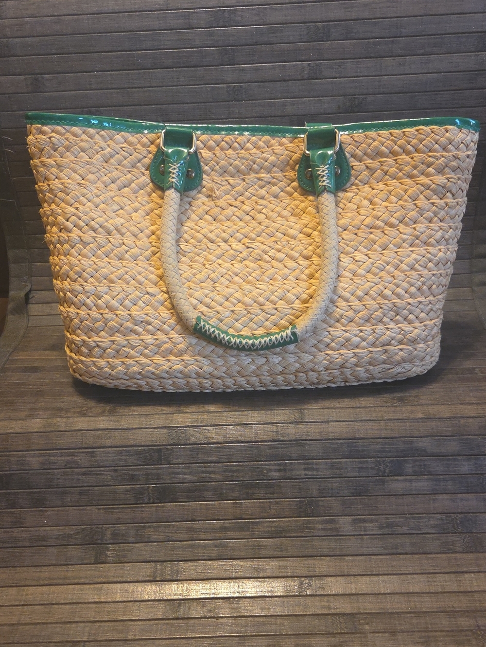 Vintage Woven Straw Tote Bag with Green Trim